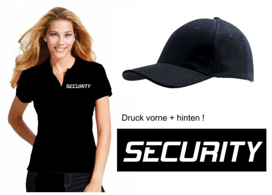 SECURITY - Damen Poloshirt + CAP ! Set schwarz S M L XL 2XL Druc