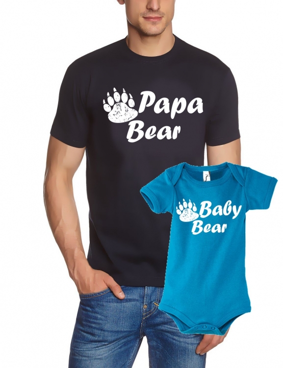 Papa Bear + Baby Bear T-Shirt + STRAMPLER - Set zur Geburt Vater