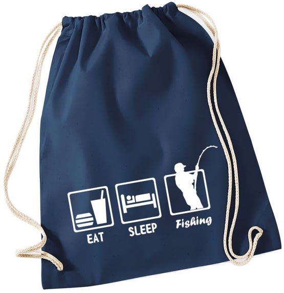 EAT SLEEP FISHING ANGELN ! Gymbag Rucksack Turnbeutel Tasche Backpack für Pausenhof, Schule, Sport, Urlaub